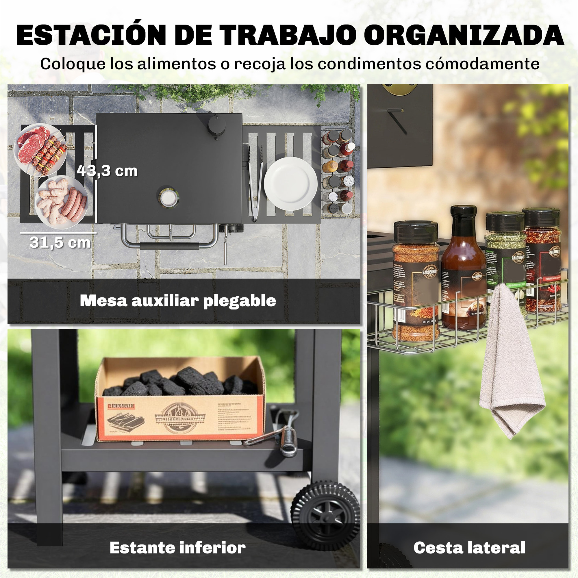 Barbacoa de Carbón Portátil, Barbacoa de Carbón Móvil con Bandeja Ajustable, Estantes Plegables, Termómetro, Tapa, Chimenea, Ventilaciones, Cajón de Cenizas, Ruedas, Cesta Lateral, Asa, Negro