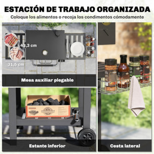 Barbacoa de Carbón Portátil, Barbacoa de Carbón Móvil con Bandeja Ajustable, Estantes Plegables, Termómetro, Tapa, Chimenea, Ventilaciones, Cajón de Cenizas, Ruedas, Cesta Lateral, Asa, Negro
