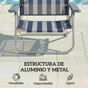 Pack de 2 Sillas de Playa Plegables con Dosel Ajustable, Respaldo Reclinable en 6 Posiciones y Reposacabezas, Sillas Bajas Portátiles con Brazos Carga 120kg para Acampada Jardín Azul y Blanco