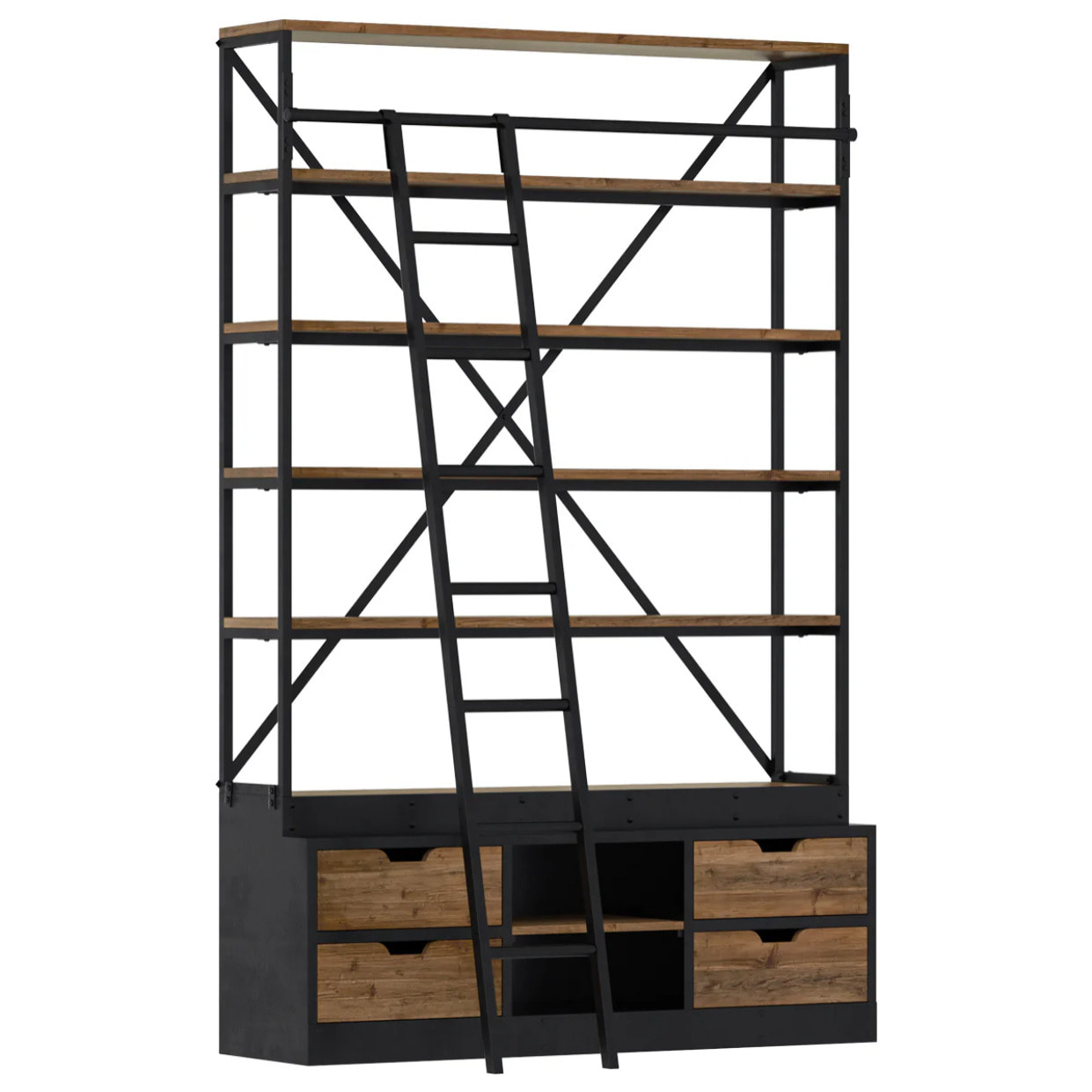 Bibliothèque 160 cm en bois et métal avec échelle, 4 tiroirs - Kasi