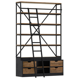 Bibliothèque 160 cm en bois et métal avec échelle, 4 tiroirs - Kasi