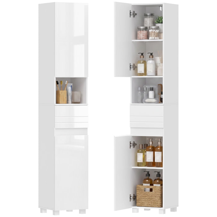 Armario Alto de Baño, Mueble de Baño Estrecho de Alto Brillo con Cajón, Compartimento Abierto y Estantes Ajustables, para Espacios Pequeños, 30x30x170 cm, Blanco