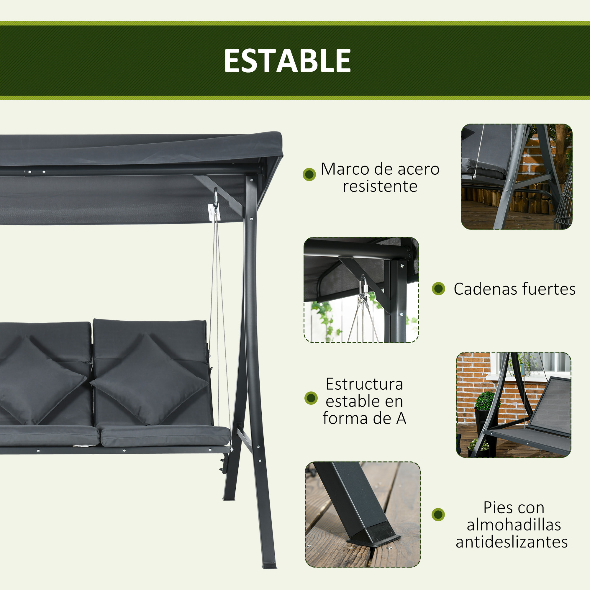 Columpio de Jardín de 3 Plazas Balancín para Exterior con Toldo Ajustable 3 Cojines y Marco de Acero para Terraza Patio Balcón Carga 320 kg 202x115x168 cm Gris