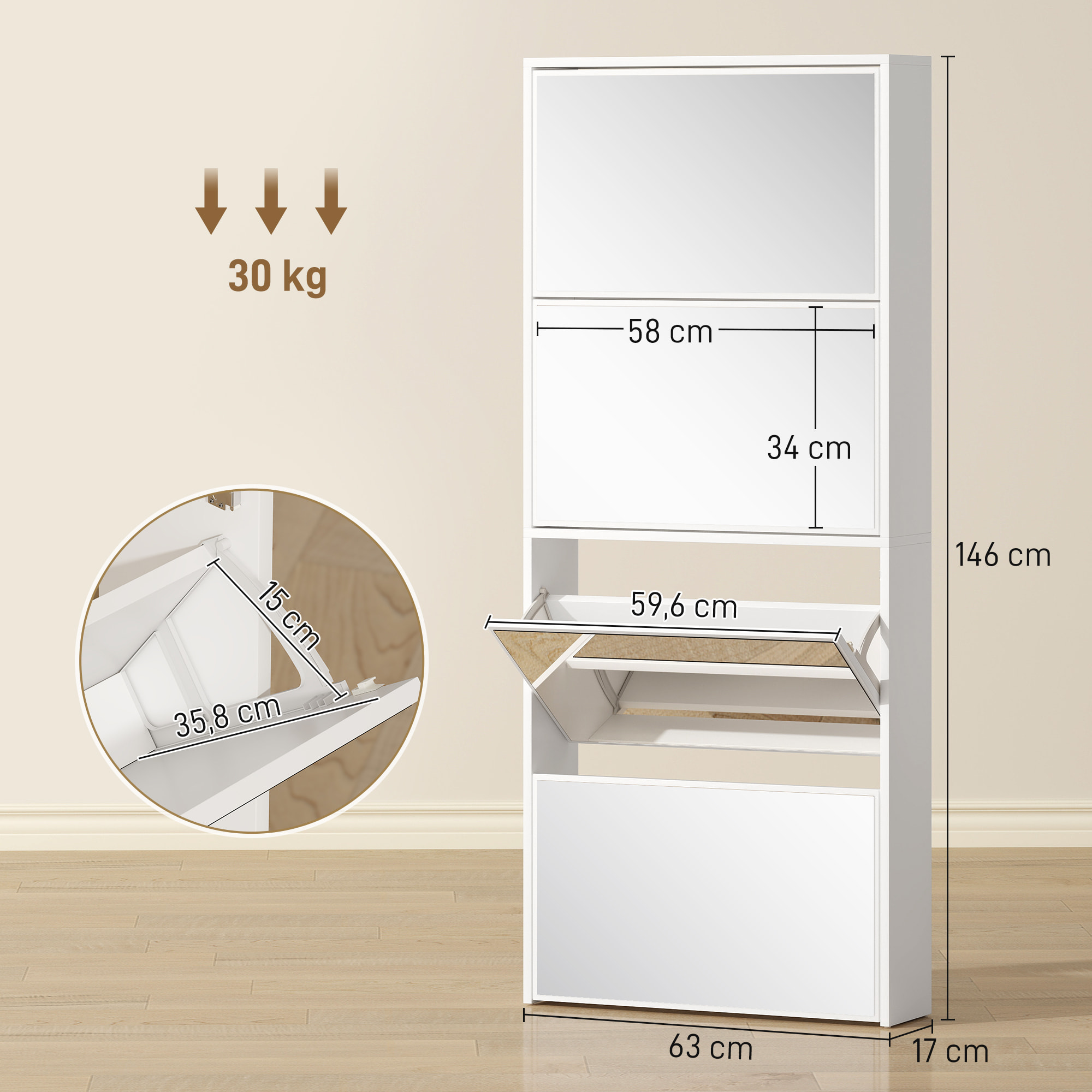 Zapatero Estrecho con Espejo, 4 Puertas Abatibles, Zapatero Entrada Recibidor para 12 Pares de Zapatos, para Pasillo, Espacios Reducidos, 63x17x146 cm, Blanco