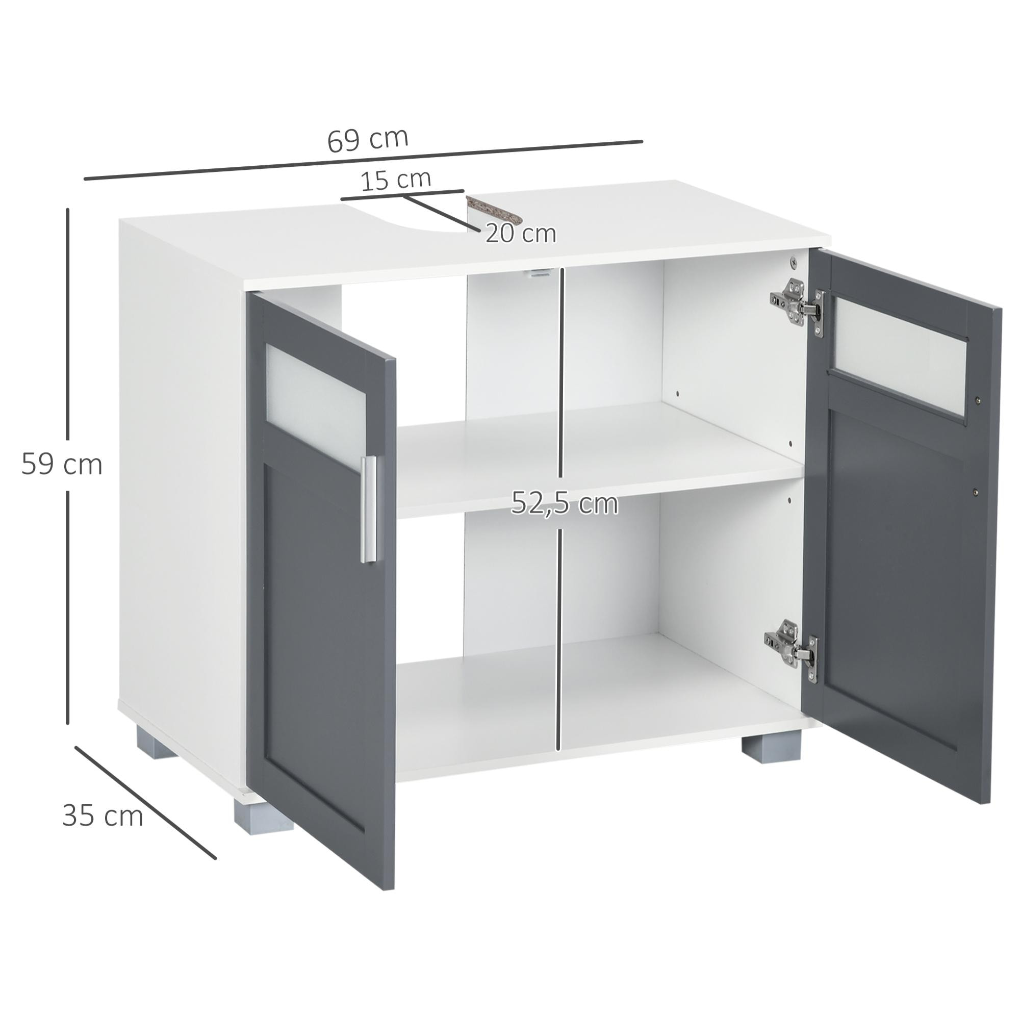 Mueble para Debajo del Lavabo Armario de Baño Bajo Lavabo con 2 Puertas de Vidrio Templado y Estante Ajustable 69x35x59 cm Blanco y Gris