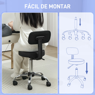 Taburete Giratorio Taburete con Ruedas y Respaldo Taburete de Trabajo con Altura Regulable 78-93 cm Asiento Tapizado de Cuero Sintético Negro