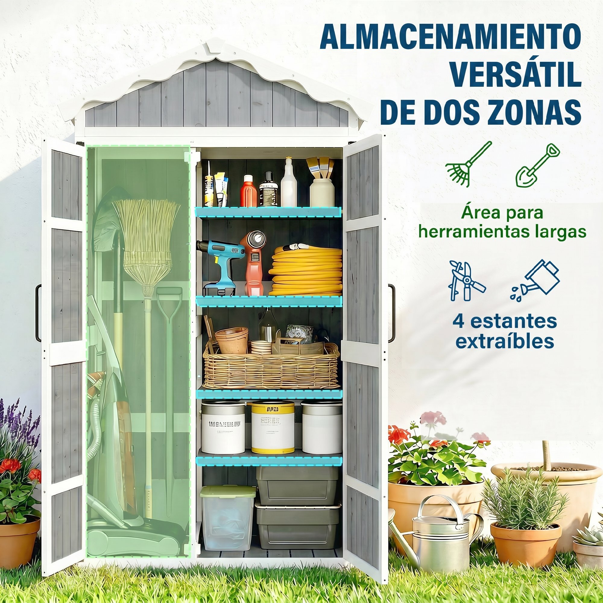 Caseta de Jardín de Madera 105x55x179 cm Cobertizo Jardín Exterior Impermeable Armario Exterior Herramientas con Puertas 4 Estantes Extraíbles Techo Metal Galvanizado Pies Ajustables Gris