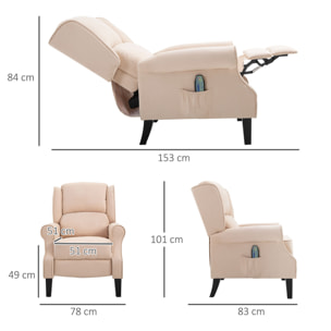 Sillón de Masaje Sillón Relax Reclinable con Mando a Distancia 2 Zonas de Masaje Bolsillo Lateral y Tapizado en Tejido de Ante 78x83x101 cm Crema