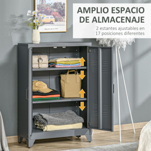 Armario Metálico de Almacenamiento con Doble Puerta de Bisagras y 2 Baldas Ajustables Multiusos para Oficina Salón Dormitorio 75x33x110 cm Gris