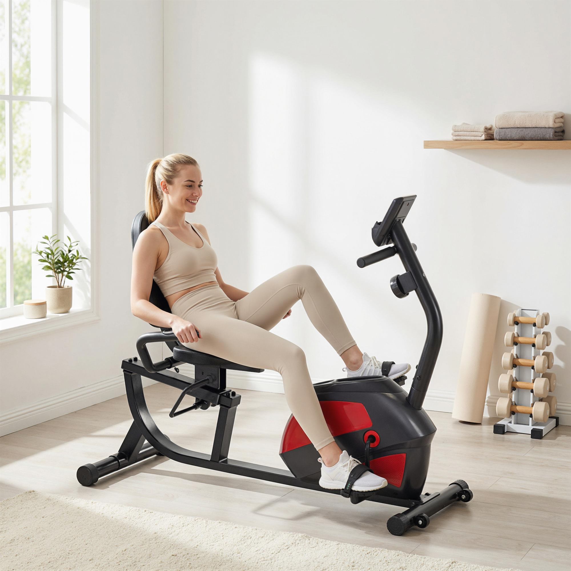 Bicicleta Estática con Respaldo, 8 Niveles Resistencia Magnética, Bicicleta Estática para Casa, con Volante, Asiento Ajustable, Monitor LCD, Pulsómetro, Soporte de Teléfono y Ruedas, Rojo