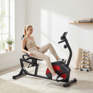 Bicicleta Estática con Respaldo, 8 Niveles Resistencia Magnética, Bicicleta Estática para Casa, con Volante, Asiento Ajustable, Monitor LCD, Pulsómetro, Soporte de Teléfono y Ruedas, Rojo