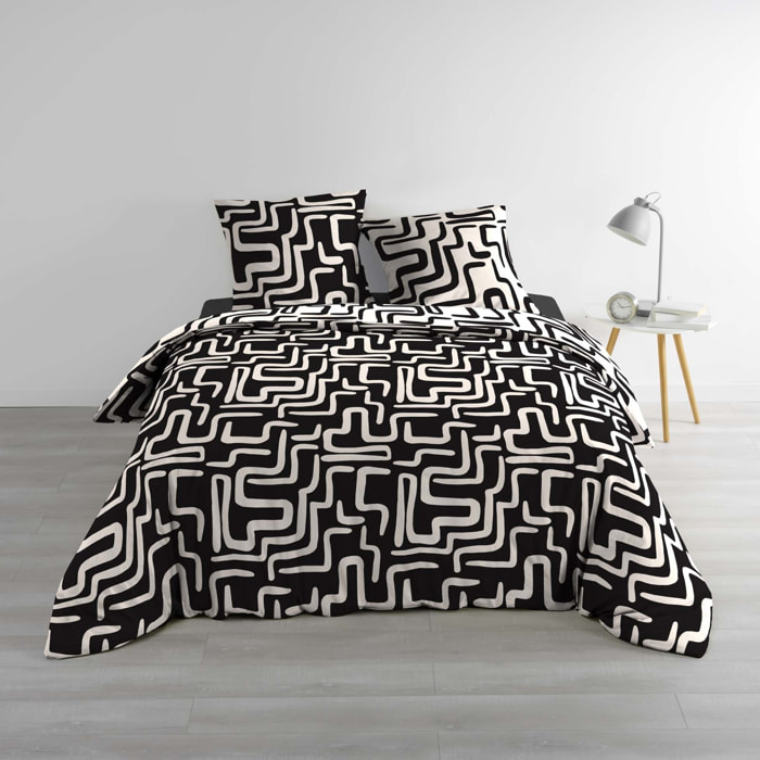 Parure de lit 3 pièces 100% coton à motifs géométriques housse + taies - Noir