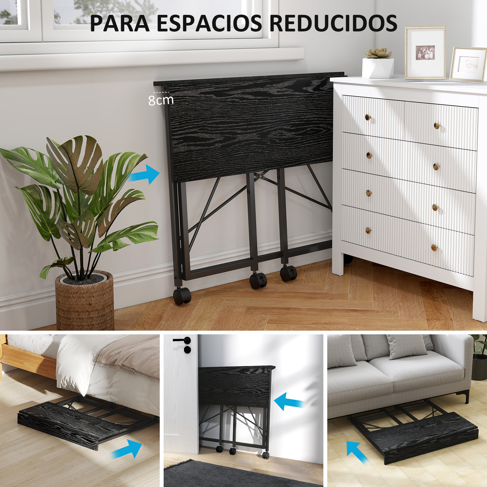 Escritorio Plegable con Ruedas Mesa Escritorio Compacta Mesa de Ordenador Portátil para Casa Oficina Espacios Pequeños 80x40x75 cm Negro