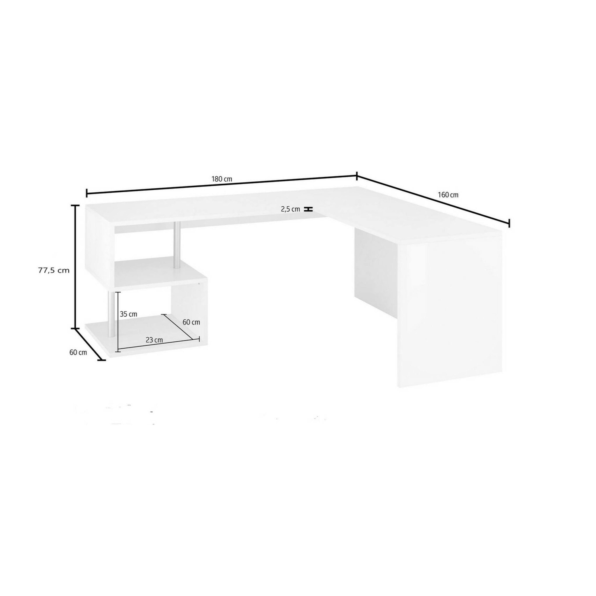 Scrivania ad angolo per ufficio e studio con scaffale, Made in Italy, Tavolo da computer, Scrittoio porta PC, cm 160x60h78, colore Bianco lucido