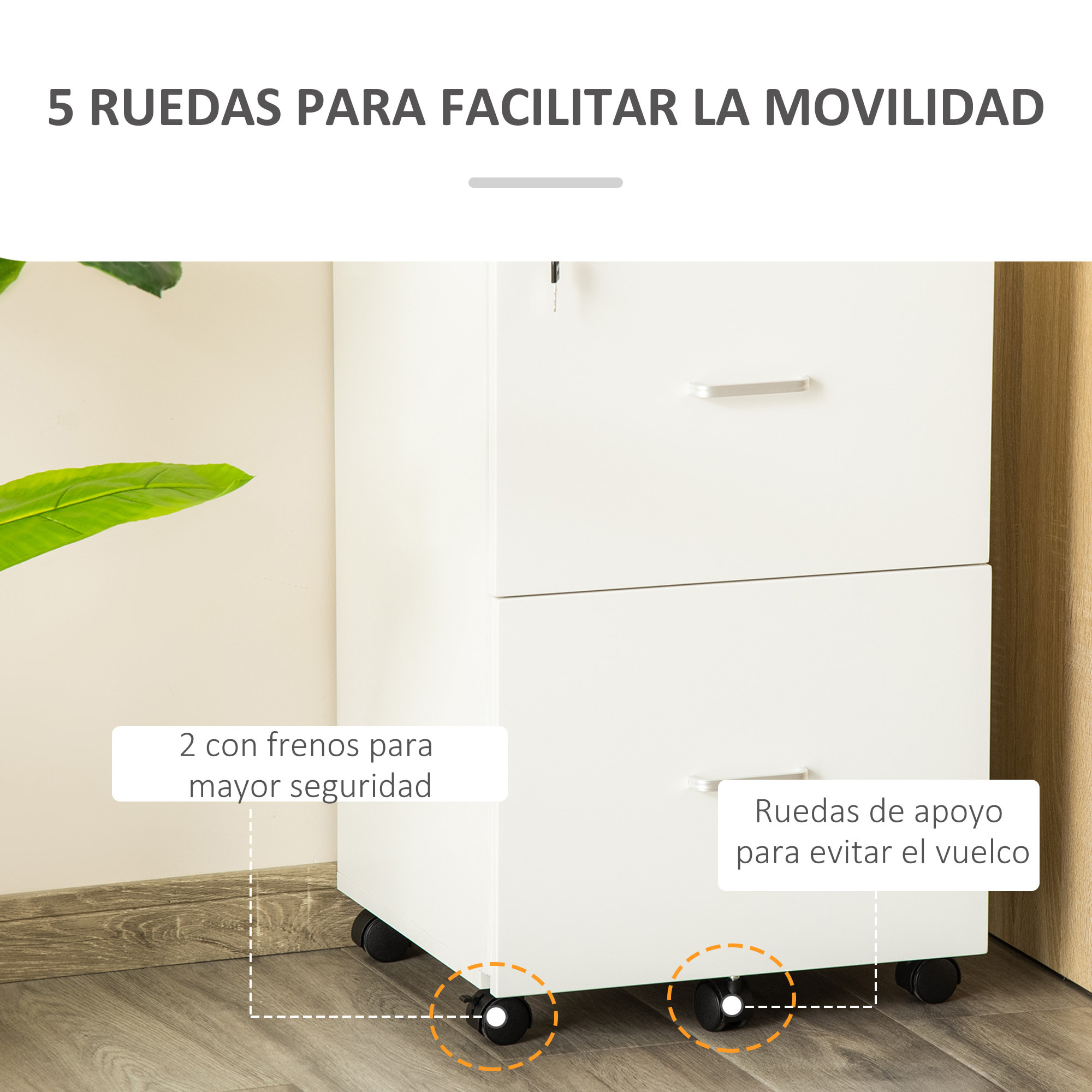 Cajonera de Oficina Mueble Auxiliar para Archivos con 2 Cajones Cerradura de 2 Llaves 5 Ruedas y 2 Frenos para Estudio Despacho Dormitorio 43x45x72 cm Blanco