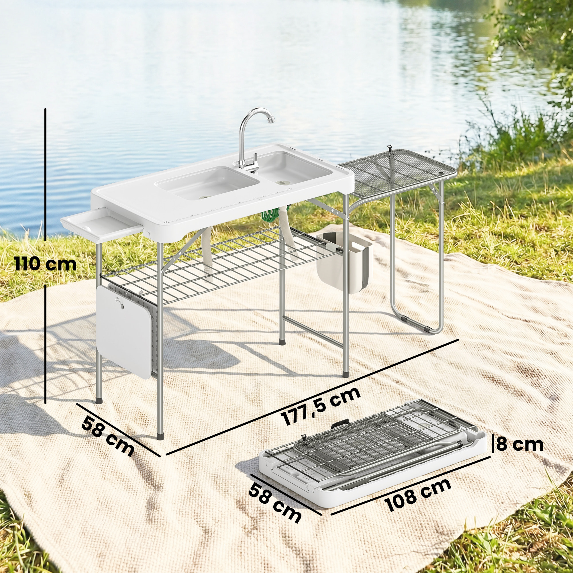 Mesa de Limpieza de Pescado Portátil, Mesa Plegable Camping con 2 Fregaderos, Grifo, Manguera, Estante Lateral, Rejilla, Cajón, Cesta, Regla, Ranuras, Estación de Limpieza para Pesca Barbacoa