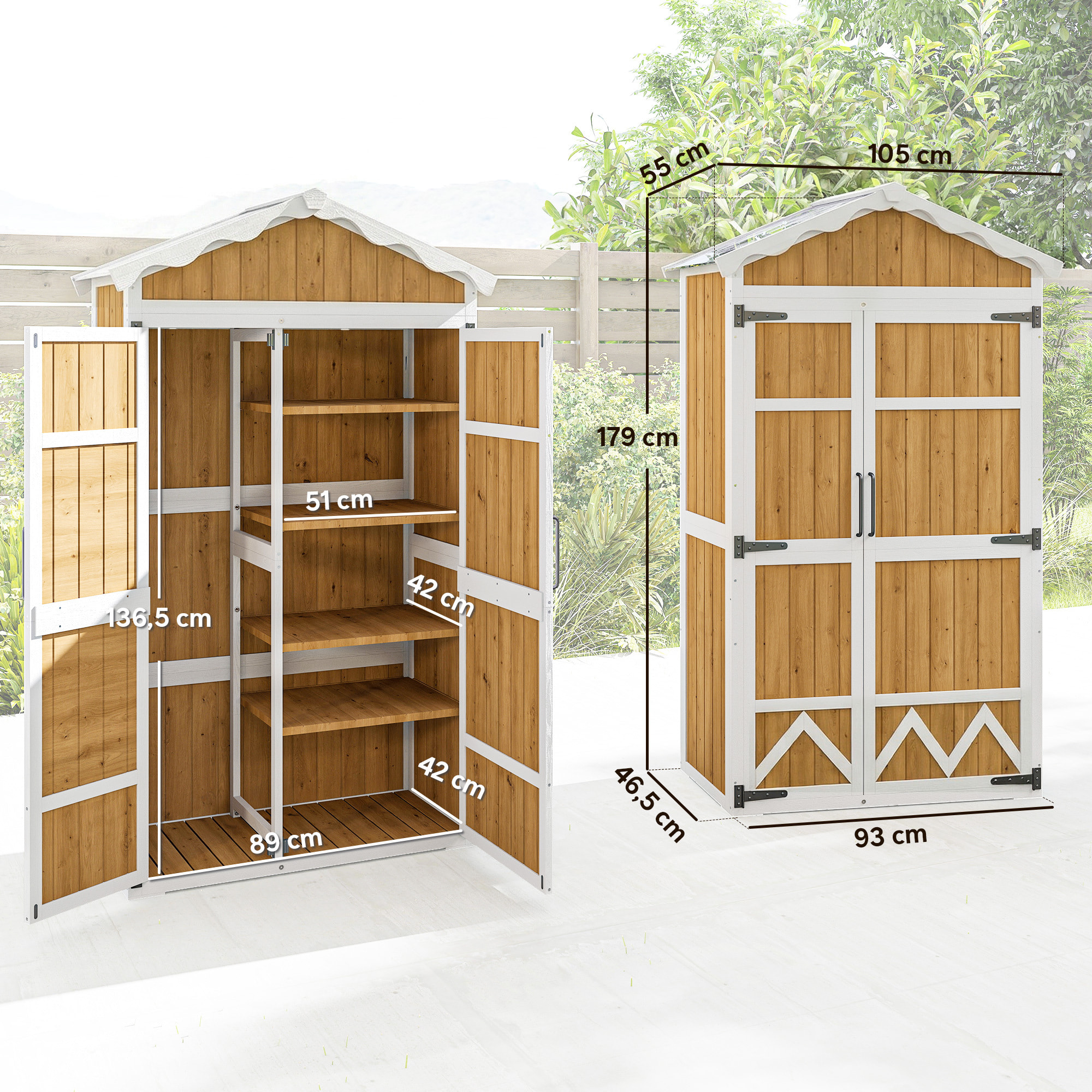 Caseta de Jardín de Madera 105x55x179 cm Cobertizo Jardín Exterior Impermeable Armario Exterior Herramientas con Puertas 4 Estantes Extraíbles Techo Metal Galvanizado Pies Ajustables Natural
