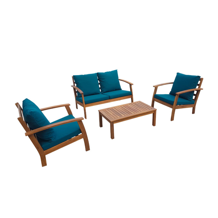 Salon de jardin en bois 4 places - Ushuaïa - Coussins bleu canard. canapé. fauteuils et table basse en acacia. design