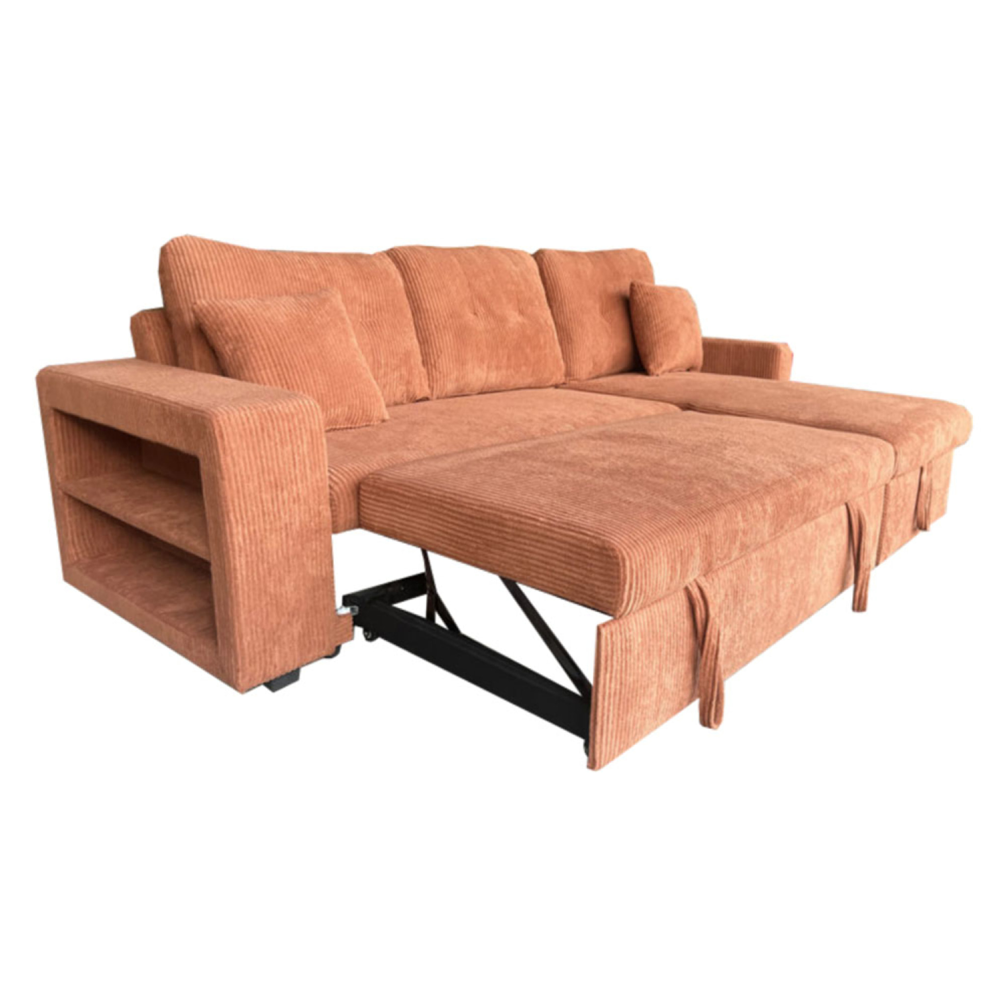 Canapé d'angle convertible 4 places avec coffre en velours côtelé terracotta SANDIEGO