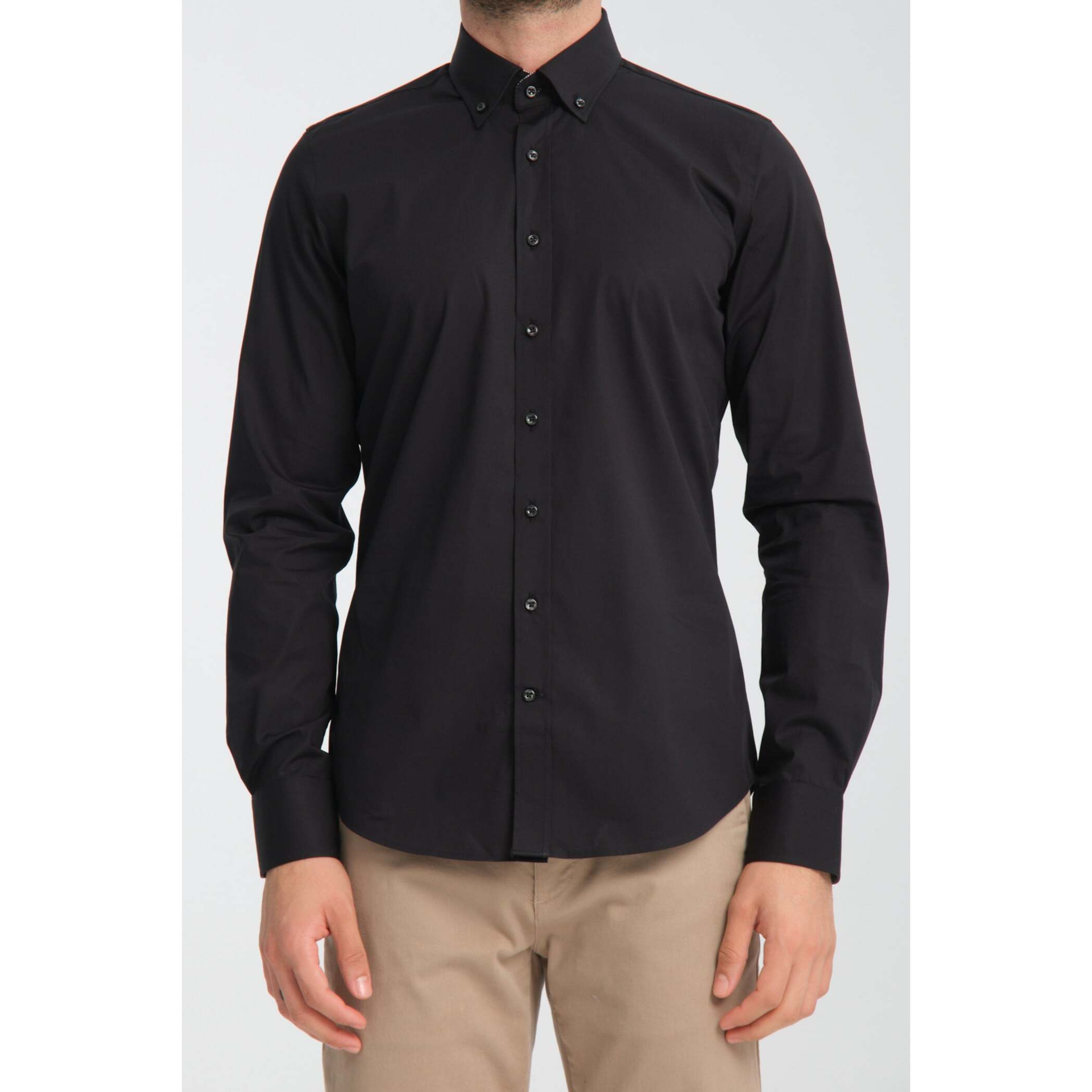 camicia uomo 1 bottone button down slim Popeline Stretch Unito Nero