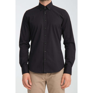 camicia uomo 1 bottone button down slim Popeline Stretch Unito Nero