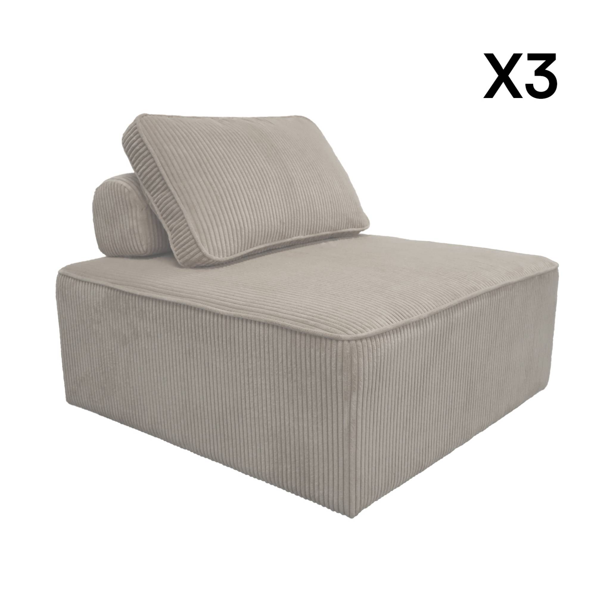 Lot de 3 chauffeuses pour canapé modulables velours côtelé gris clair avec un coussin