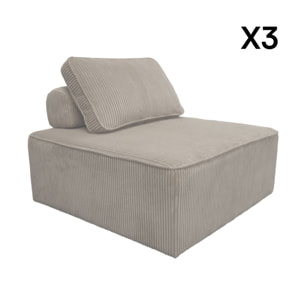 Lot de 3 chauffeuses pour canapé modulables velours côtelé gris clair avec un coussin