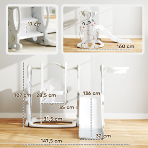 Tobogán Infantil 4 en 1 Columpio y Tobogán Trepador Aro de Baloncesto Temática de Conejo Parque Infantil para Interior y Exterior Gris y Blanco