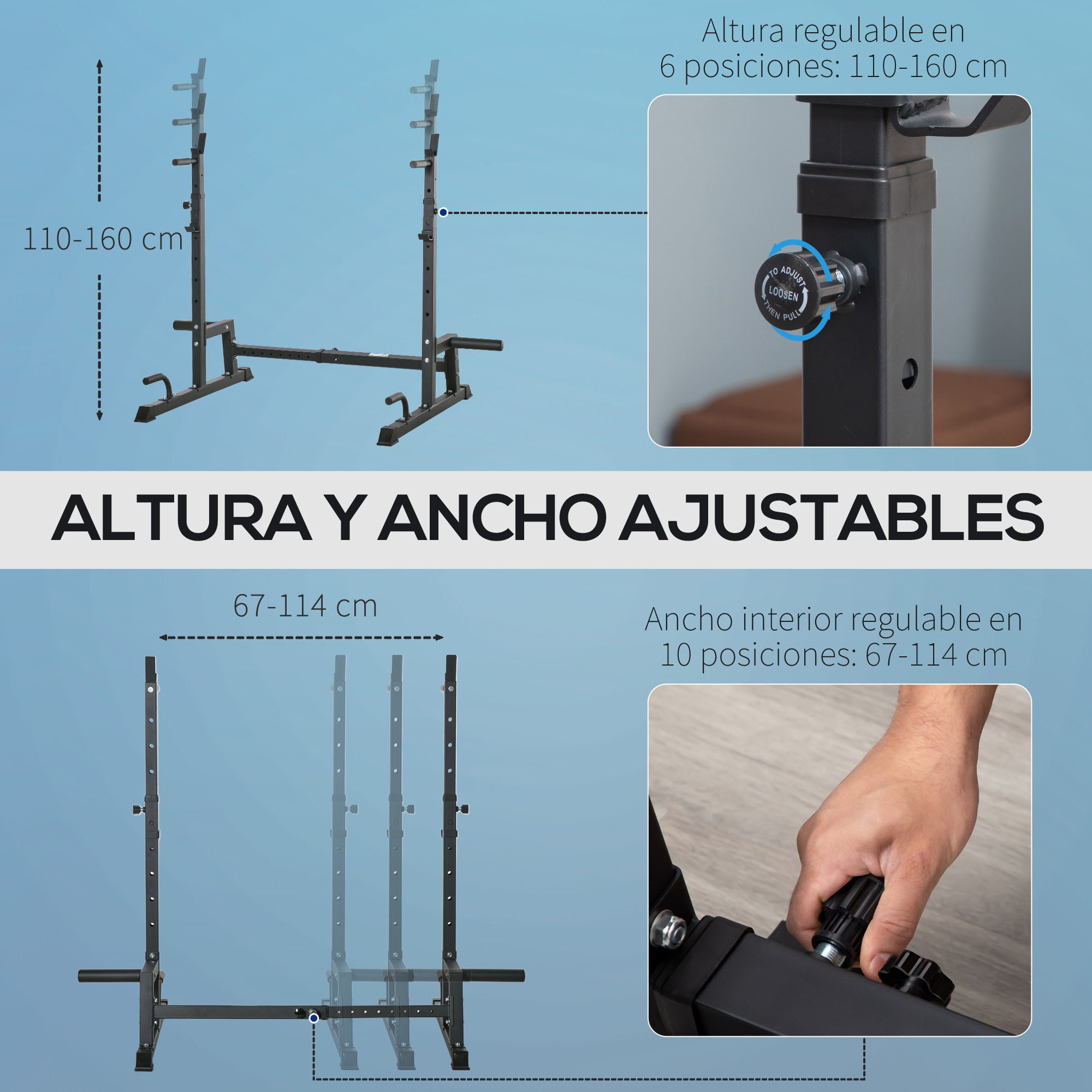 Soporte Ajustable para Barras de Pesas Flexiones de Acero 123-170x103x111-161 cm