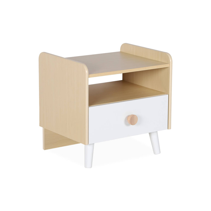 Table de chevet enfant effet bois. blanc. 1 tiroir