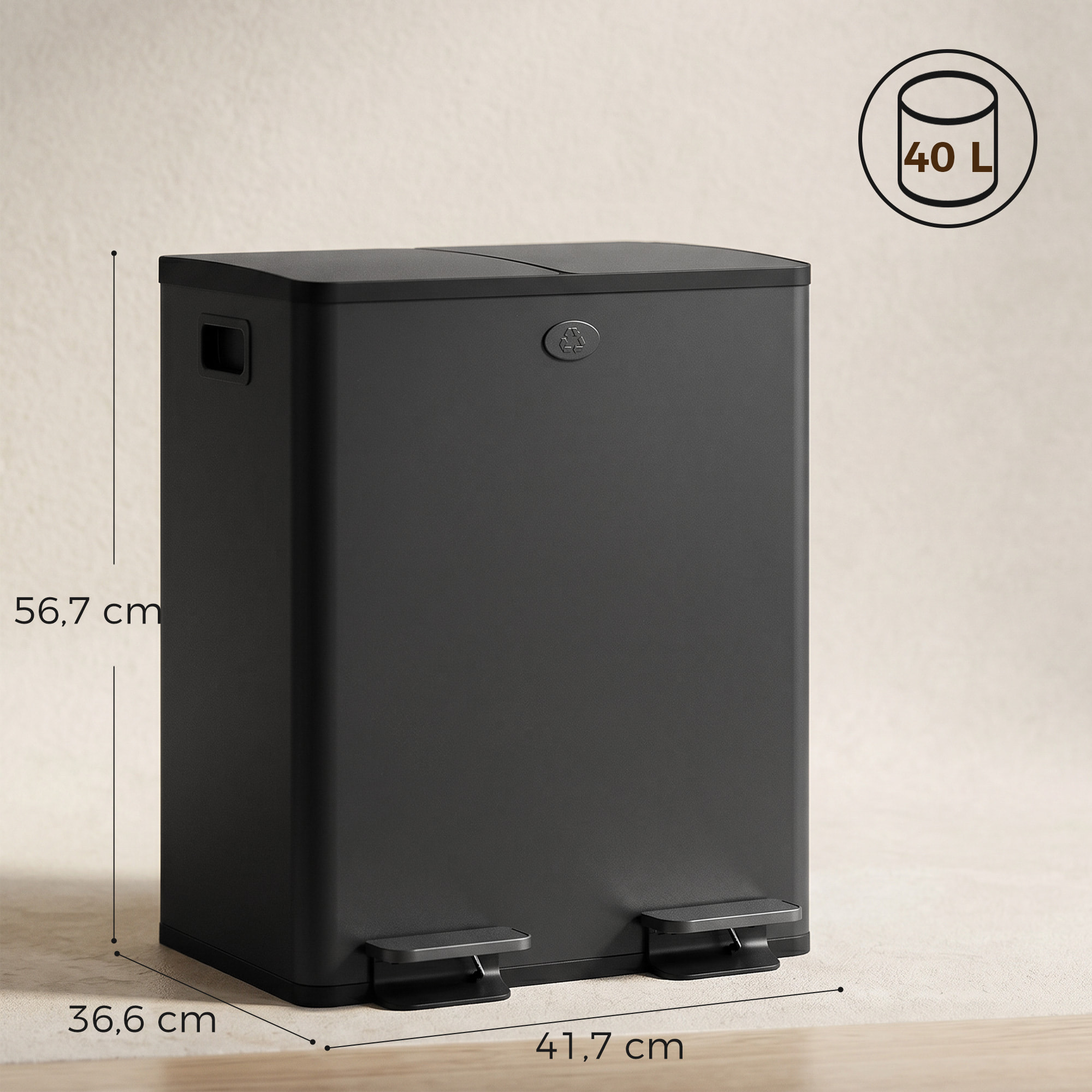 Cubo de Basura de Cocina con 2 Compartimentos 2x20L Papelera Cocina de Acero Inoxidable con Pedal Tapas de Cierre Suave y Cubo Extraíble para Reciclaje Residuos Restos de Comida Negro
