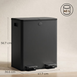Cubo de Basura de Cocina con 2 Compartimentos 2x20L Papelera Cocina de Acero Inoxidable con Pedal Tapas de Cierre Suave y Cubo Extraíble para Reciclaje Residuos Restos de Comida Negro