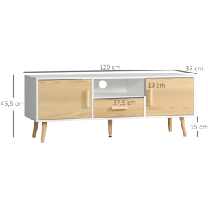 Meuble TV bas sur pied style scandinave 2 portes niche tiroir piètement effilé incliné bois panneaux blanc aspect bois clair