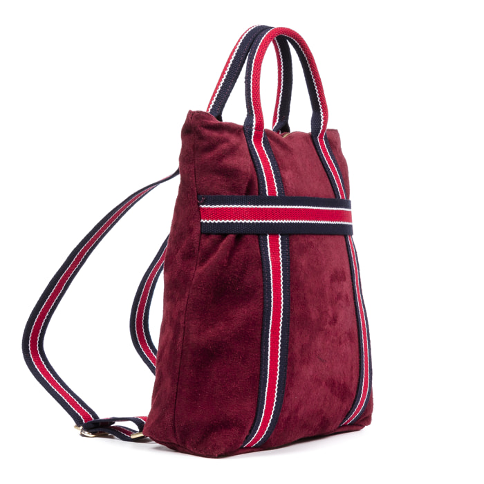 FIRENZE ARTEGIANI Borsa Zaino Venusta da Donna. Vera Pelle Scamosciata Premium Tela Stampata Made in Italy 35x10x35 Cm. Colore: Borgogna