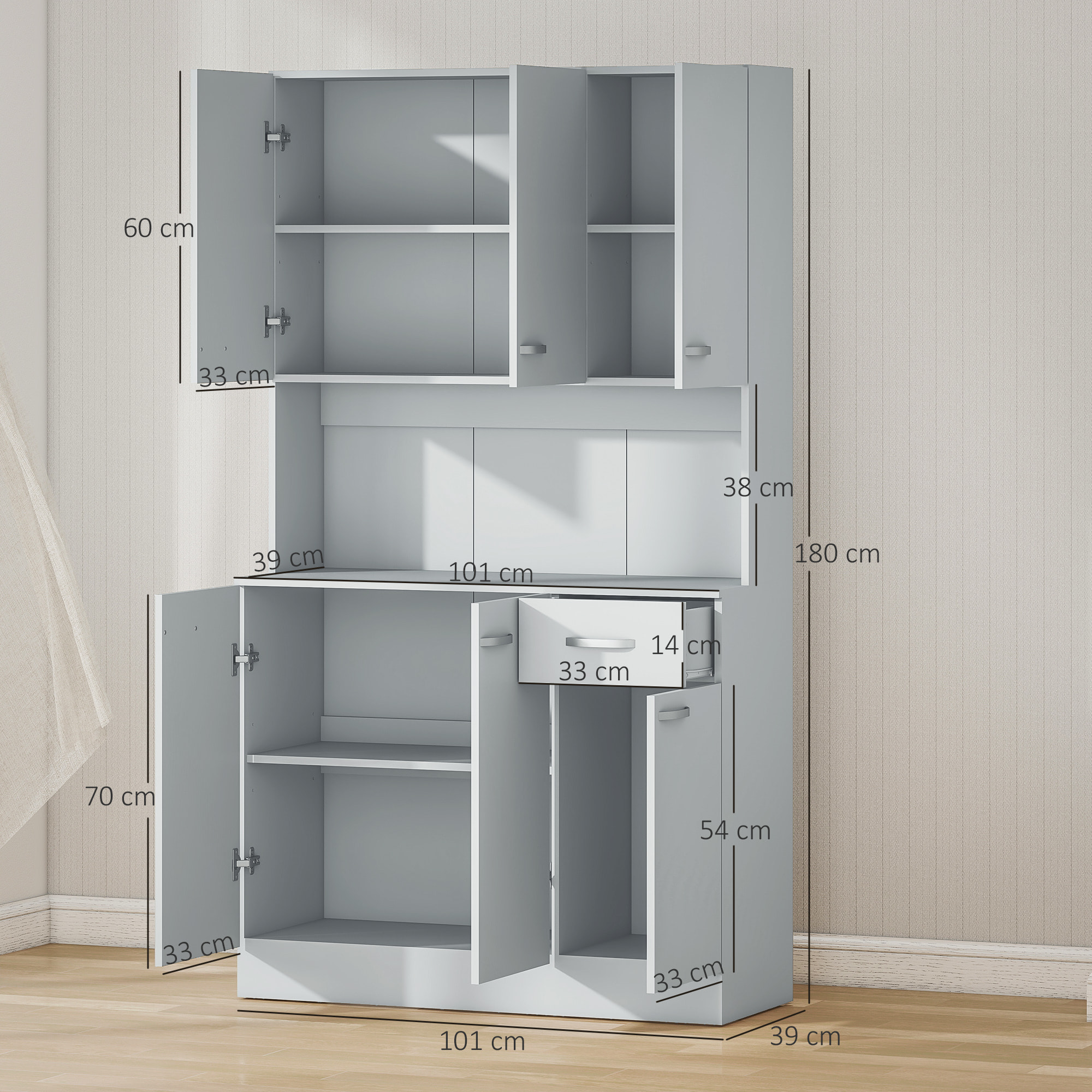 Alacena de Cocina Mueble Auxiliar de Cocina Alta con 6 Puertas Cajón Encimera Abierta y Estantes Ajustables Estilo Moderno Gris 101x39x180 cm