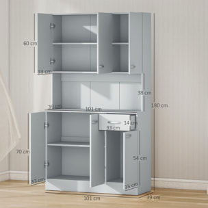 Alacena de Cocina Mueble Auxiliar de Cocina Alta con 6 Puertas Cajón Encimera Abierta y Estantes Ajustables Estilo Moderno Gris 101x39x180 cm