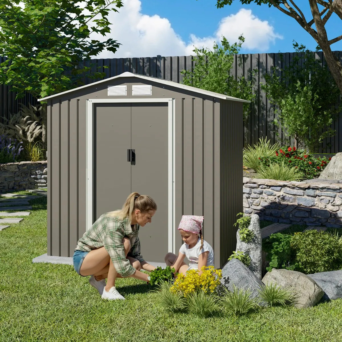 Abri de jardin métal gris/vert 2,12 m² + kit d'ancrage