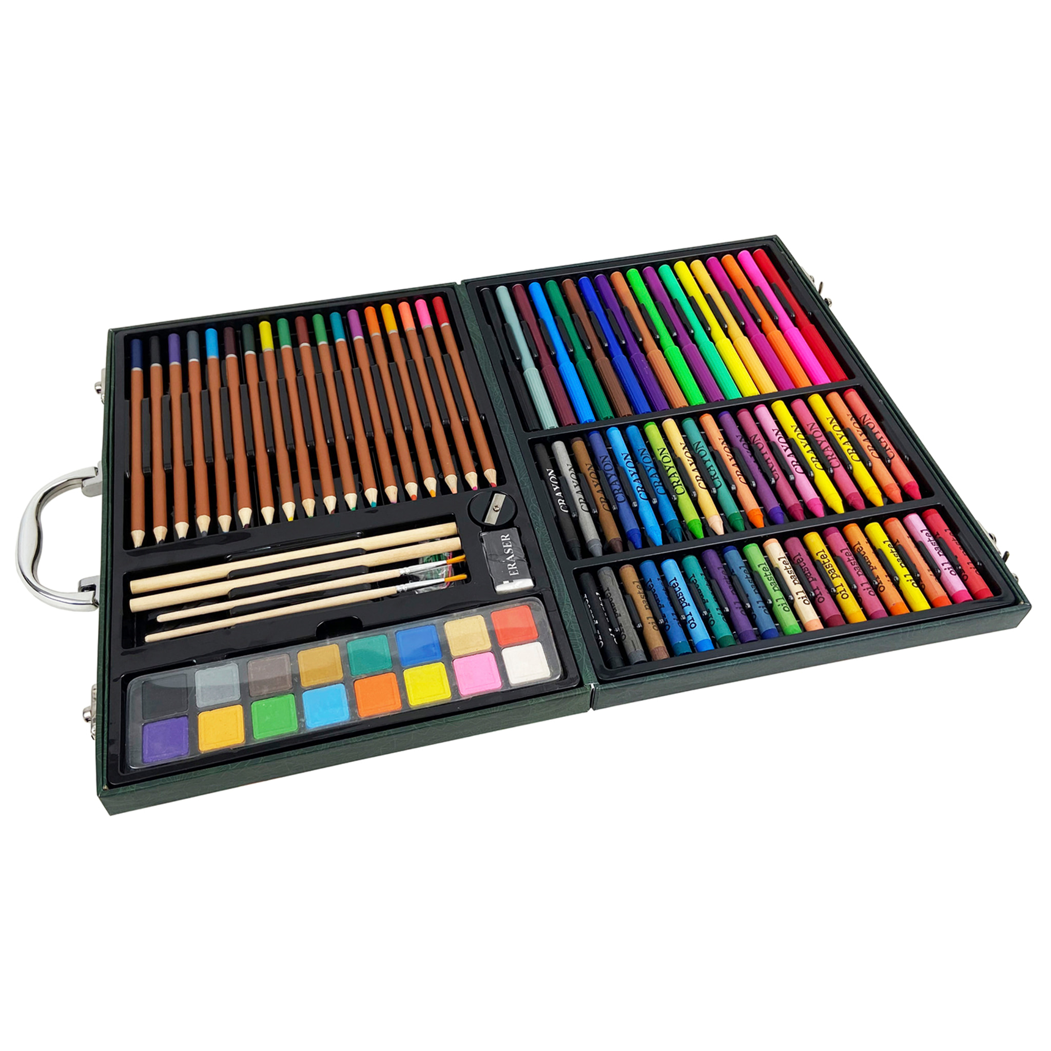 Valigia belle arti 118 pezzi con matite e pennarelli, acquerelli, pastelli, pennelli e accessori. Design giungla.