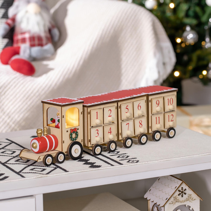 Calendrier de l'Avent LED train - lumière LED blanc chaud - 24 tiroirs - décoration lumineuse de Noël - contreplaqué beige rouge