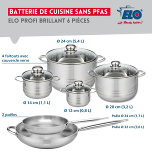 Ensemble de 2 Poêles de cuisson 24 et 32 cm et 4 faitouts 12, 14, 20 et 24 cm Elo Profi Brillant