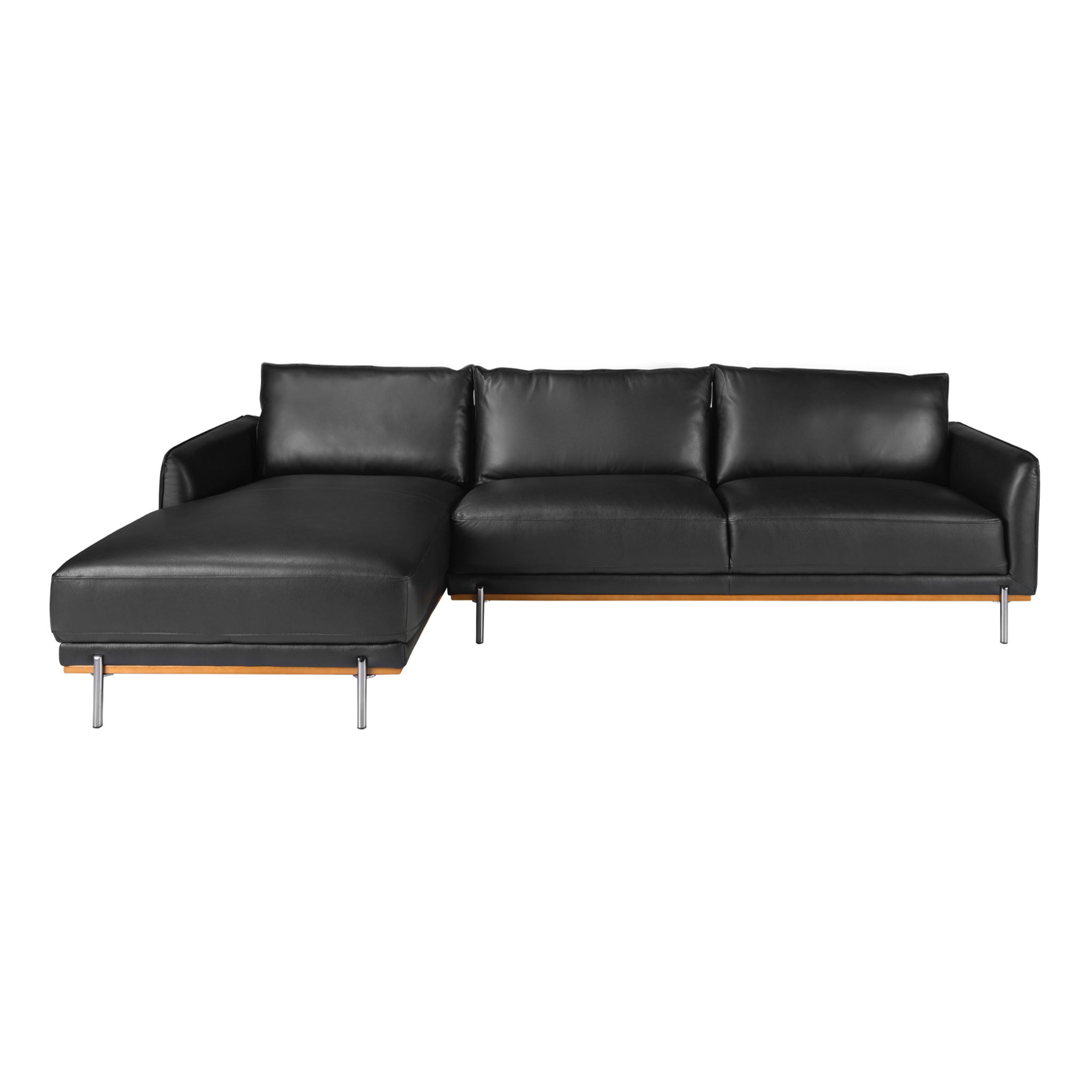 Sofá chaise longue Angel Cerdá izquierda de 5 plazas tapizado en piel de origen vacuno en negro embellecedor de madera de haya vaporizada en nogal y patas de acero inoxidable oscurecido 295x160x83cm