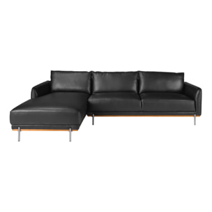 Sofá chaise longue Angel Cerdá izquierda de 5 plazas tapizado en piel de origen vacuno en negro embellecedor de madera de haya vaporizada en nogal y patas de acero inoxidable oscurecido 295x160x83cm