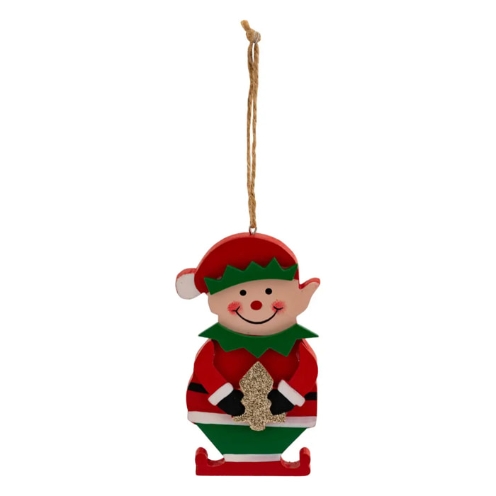 Sujet lutin sapin bois H.12cm rouge et vert