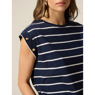 Oltre - T-shirt a righe con bottoni decorativi - Blu