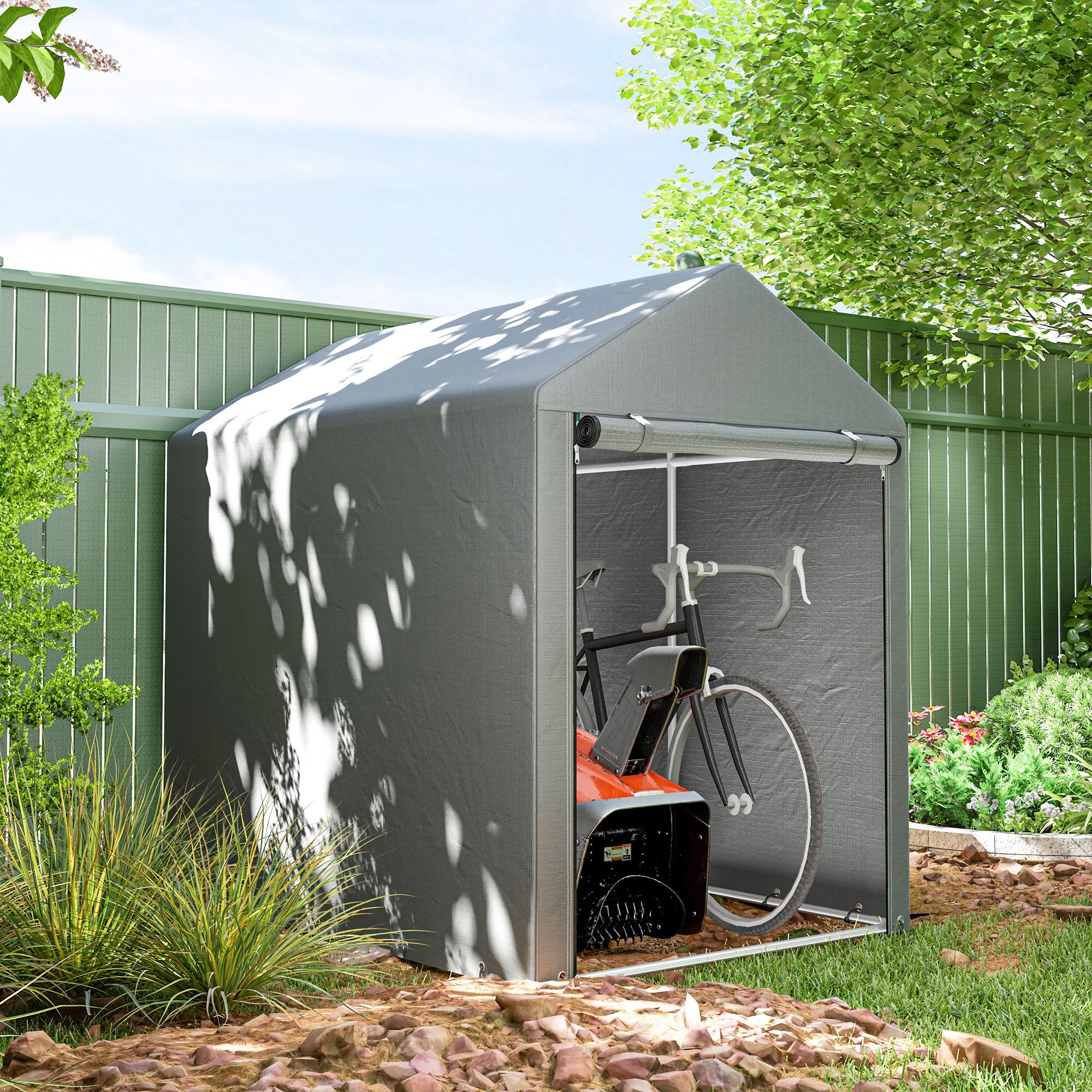 Carpa de Jardín Exterior para Herramientas Bicicletas 1,2x1,8x1,65 m, Cobertizo Exterior con 2 Habitaciones, Puerta Enrollable con Cremallera, Impermeable Anti-UV, Garaje Portátil, Gris Claro