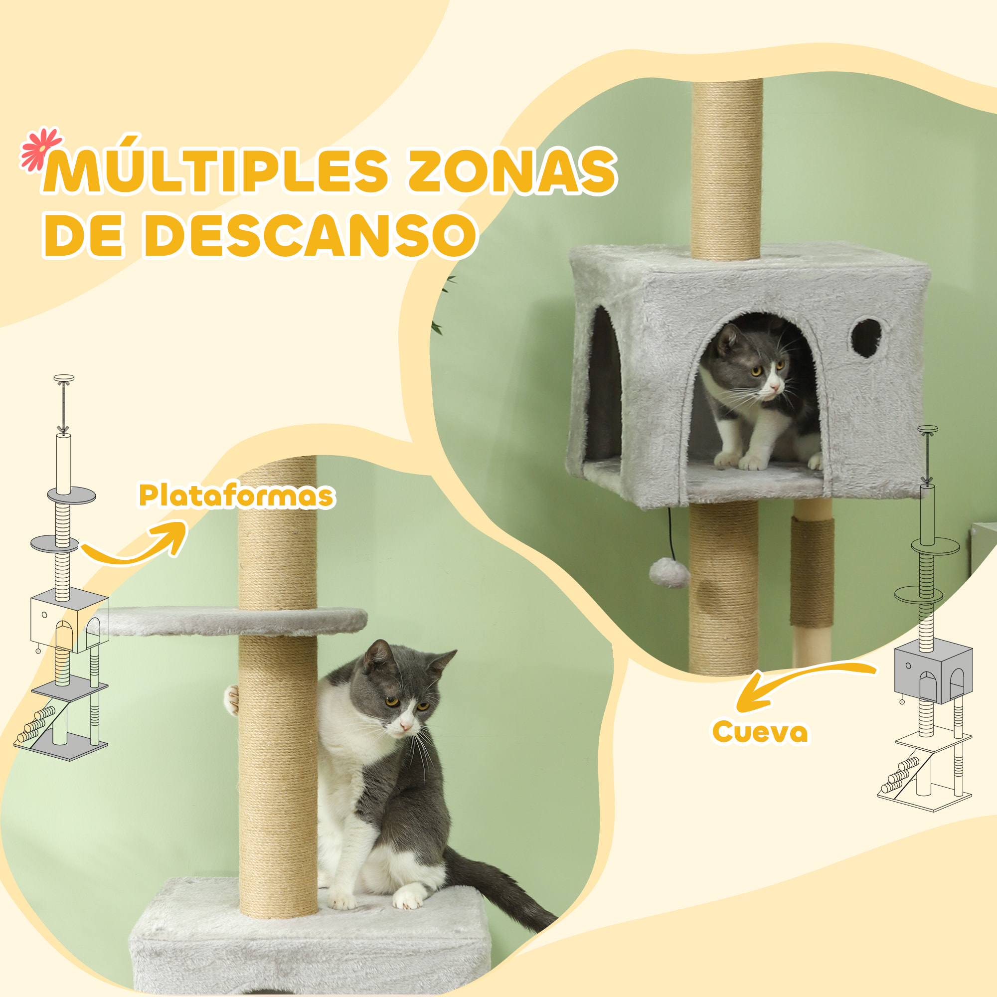 Árbol para Gatos de Suelo a Techo de 225-265 cm Árbol Rascador para Gatos con Altura Ajustable Múltiples Plataformas Escalera Bola Colgante Gris Claro