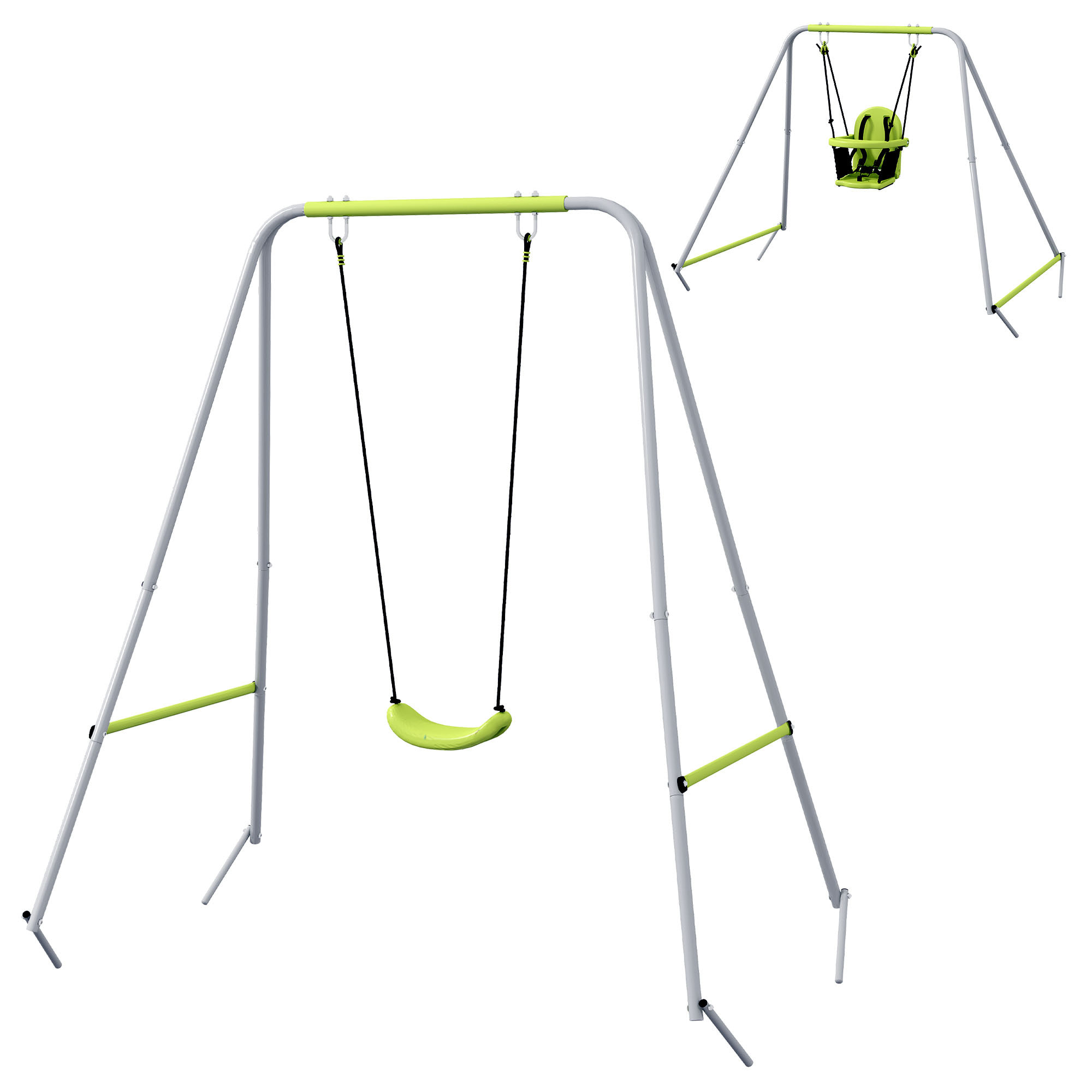 Portique balançoire évolutive - siège haut, accoudoirs, ceinture sécurité 5 points, barre protection - métal époxy gris vert