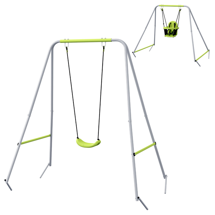 Portique balançoire évolutive - siège haut, accoudoirs, ceinture sécurité 5 points, barre protection - métal époxy gris vert