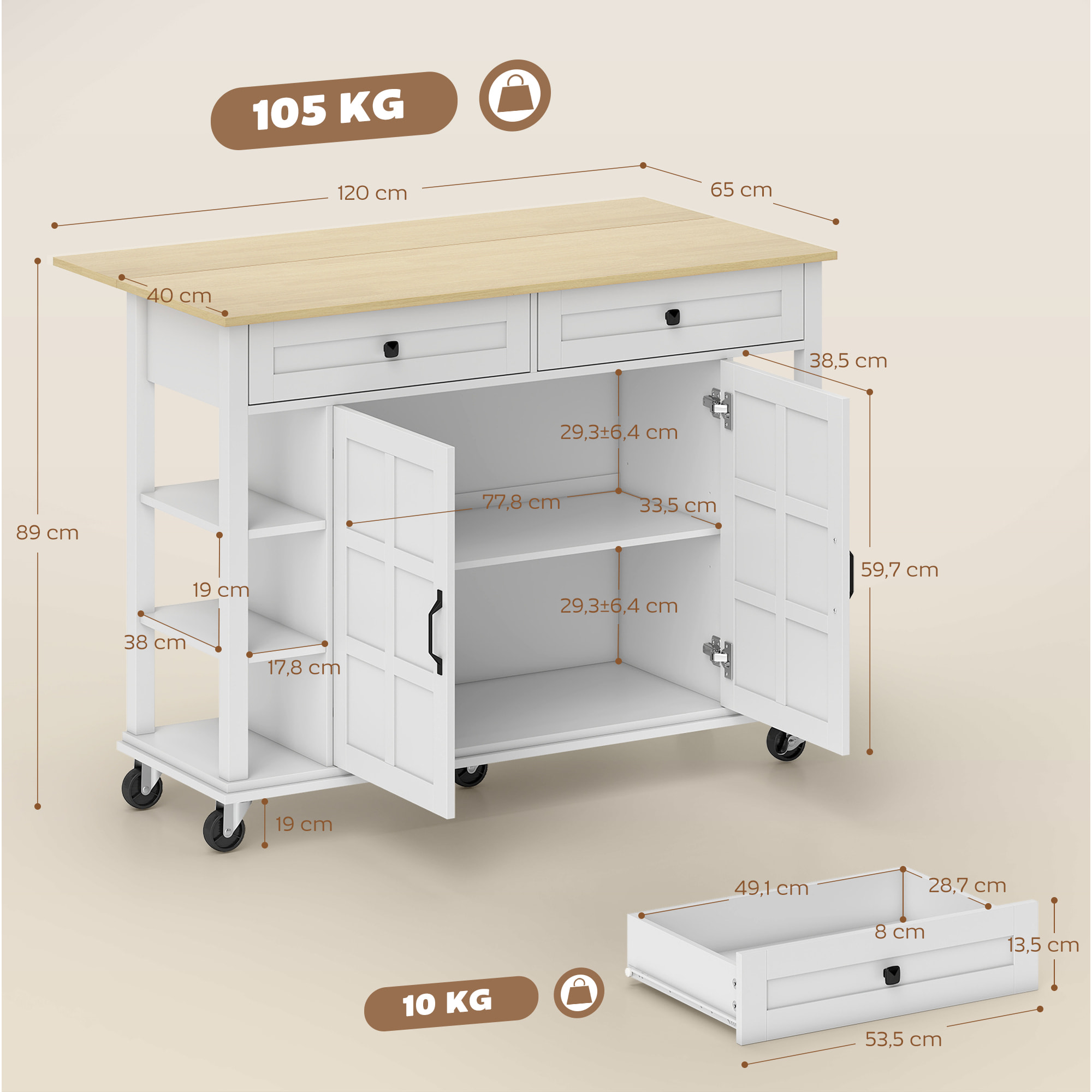 Isla de Cocina con Ruedas, Encimera Plegable, Carro de Cocina con 2 Puertas con Cierre Suave, 2 Cajones, 6 Estantes Abiertos, Blanco