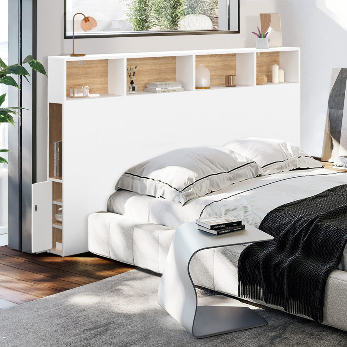 Tête de lit Léo bois et blanche avec rangements 165cm